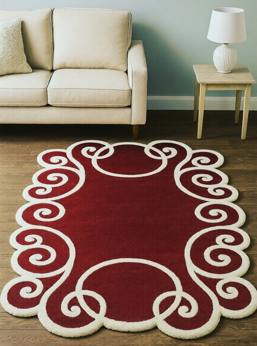 Ornate Curvilinear Handmade Tufted Irregular Shaped Wool Carpet