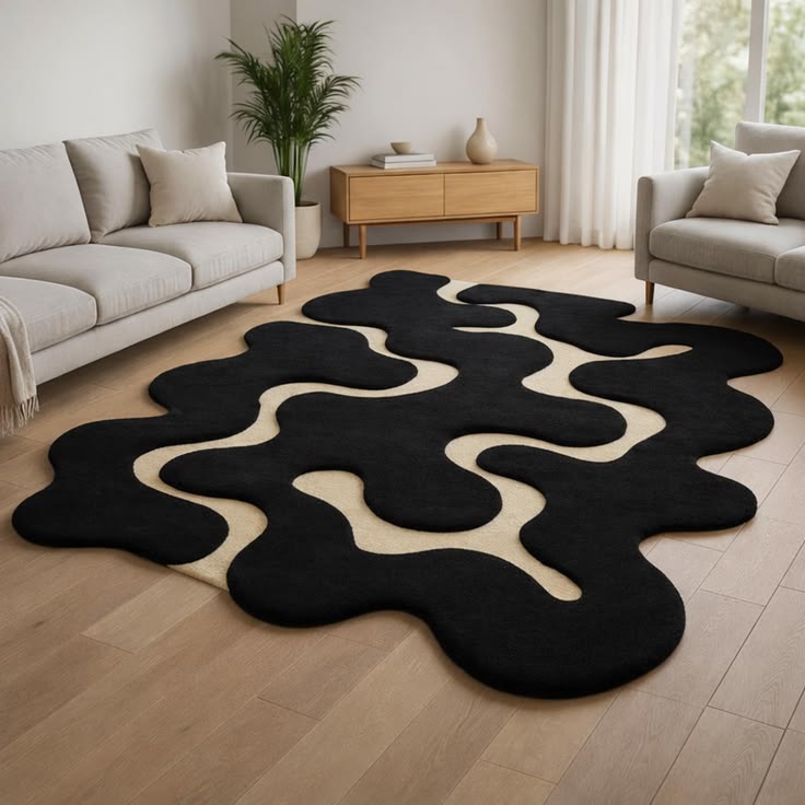 Hunter Black Handmade Tufted Irregular Shaped Wool Carpet