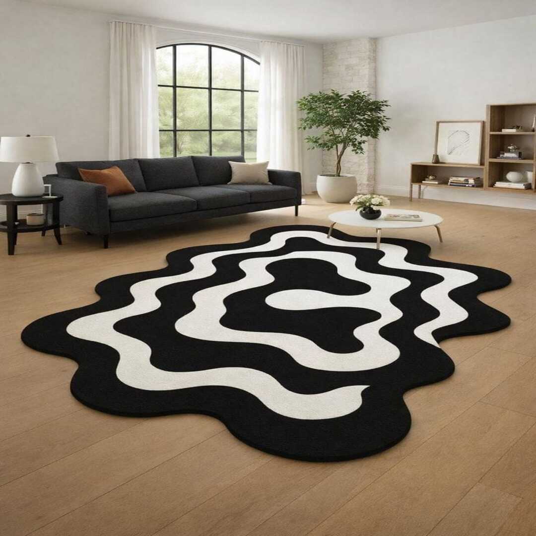 Piano Black Handmade Tufted Irregular Shaped Wool Carpet