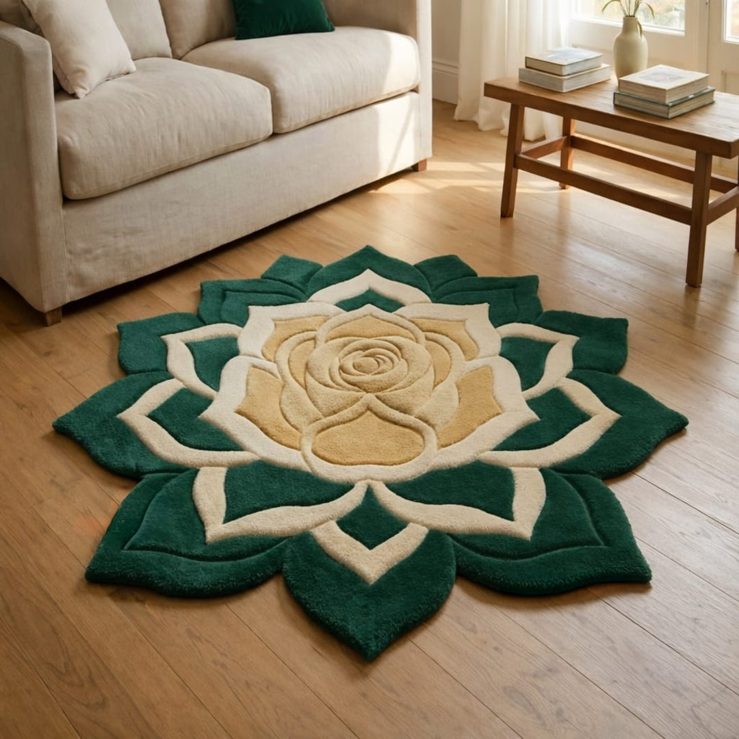 Forest Green Lotus Handmade Tufted Irregular Shaped Wool Carpet