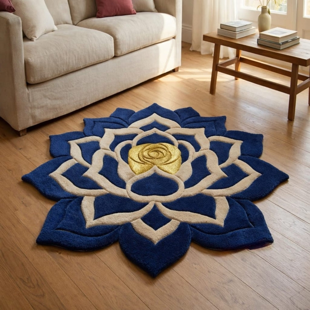 Navy Blue Lotus Handmade Tufted Irregular Shaped Wool Carpet