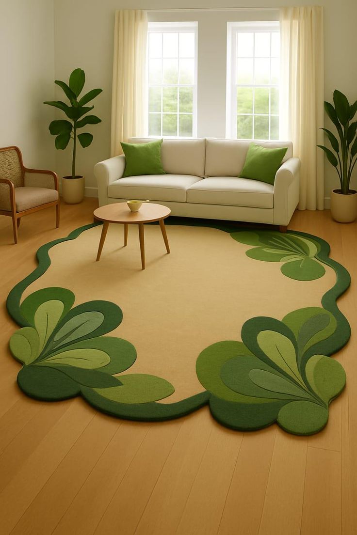 Green Leaf Handmade Tufted Irregular Shaped Wool Carpet