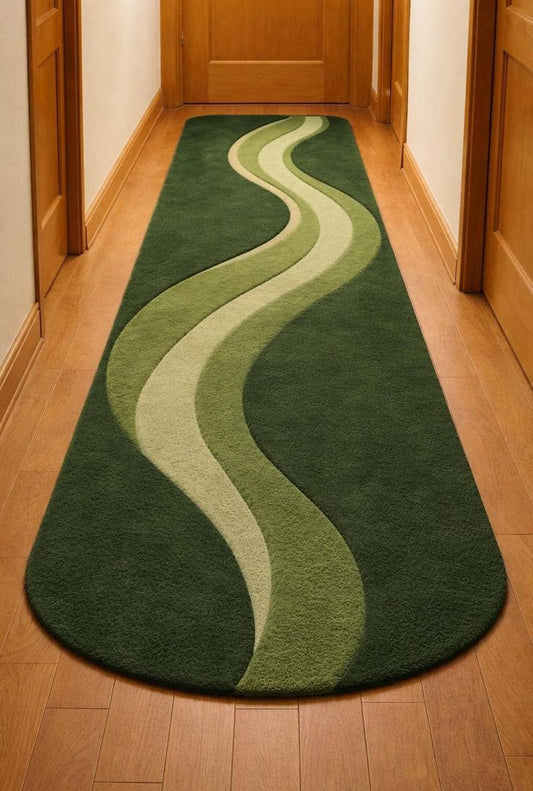 Minimalistic Green Handmade Tufted Runner Wool Carpet
