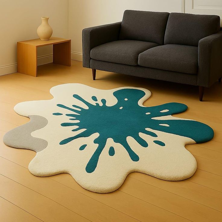 Splatter Teal Handmade Tufted Irregular Shaped Wool Carpet