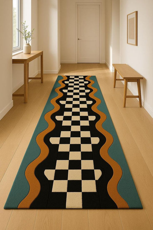 Checkered Raison Handmade Tufted Runner Wool Carpet