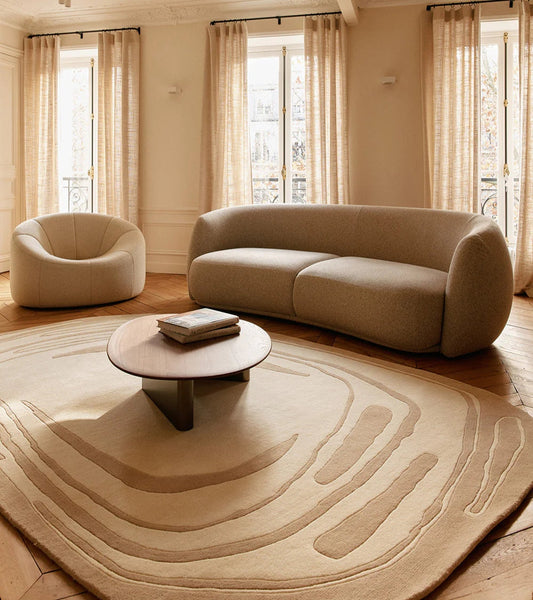 Neutral Beige Handmade Tufted Irregular Shaped Wool Carpet