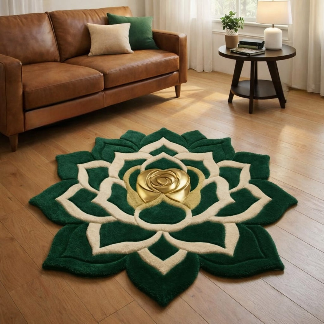 Green Lotus Handmade Tufted Irregular Shaped Wool Carpet