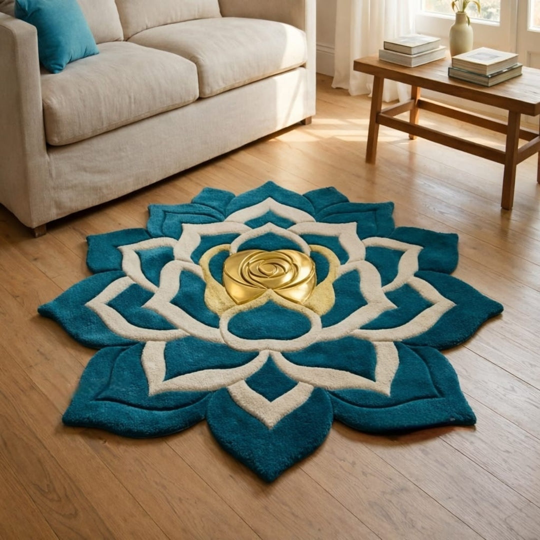 Teal Blue Lotus Handmade Tufted Irregular Shaped Wool Carpet